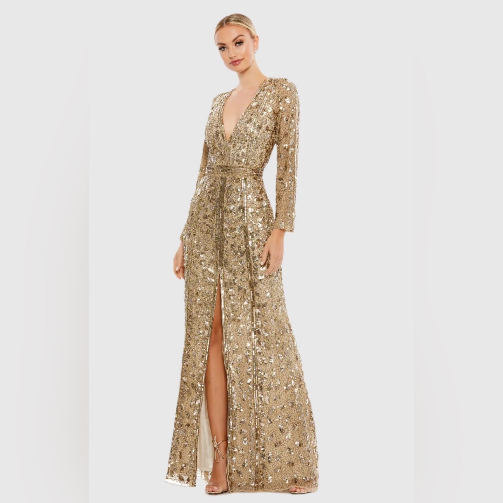 Embellished Front Slit Long Sleeve Gown Size 4 Color Gold